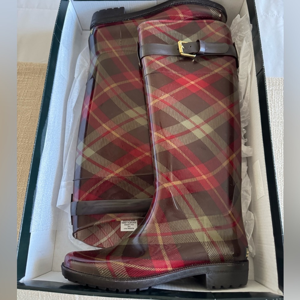Ralph Lauren Rosalyn Rain Boots 6 plaid (sage & Burgundy) NWOT in box - Picture 2 of 10